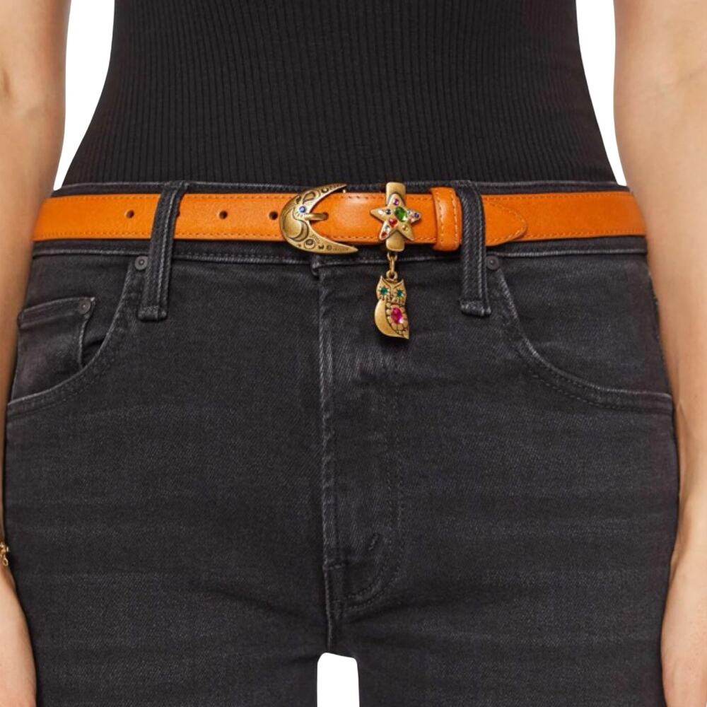 Mother Denim Charm School Brown Owl Star Moon Boho Leather Belt size M NEW Tags